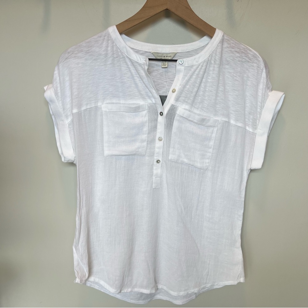 NWT Lucky Brand Women's Mixed Media Short Sleeve Cotton & Modal Henley - size XS - Picture 3 of 10